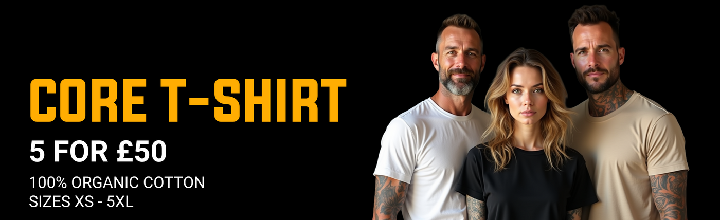 Three people standing together with a promotional banner for core t-shirts on a black background.