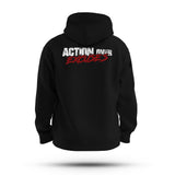 ACTION OVER EXCUSES TAG & BACK WHITE INK ED HOODIE