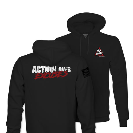 ACTION OVER EXCUSES TAG & BACK WHITE INK ED HOODIE
